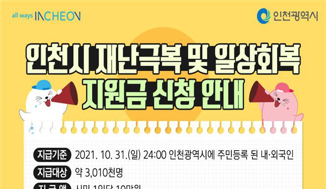 인천시 일상회복지원금 오는 20일 부터 순차적 지급